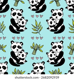 Padrão contínuo com panda bonito e corações. Ilustração vetorial.
