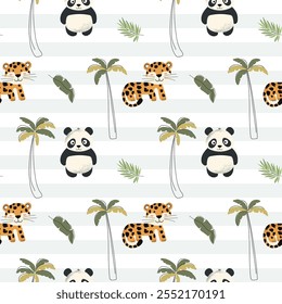 Padrão perfeito com panda bonito e leopardo. Fundo de selva infantil. Papel de parede tropical.