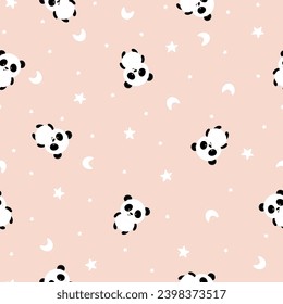 Patrón sin foco con panda, luna y estrellas adorables. Papel de fondo, papel de regalo, relleno de plantilla, tela