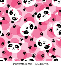 Seamless pattern with cute panda on color background. Funny asian animals. Card, postcards for kids. Flat vector illustration for fabric, textile, wallpaper, poster, gift wrapping paper.