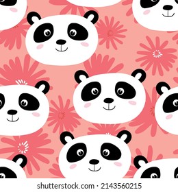 Seamless pattern with cute panda on color background. Funny asian animals. Card, postcard for kids. Flat vector illustration for fabric, textile, wallpaper, poster, paper.