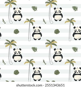 Seamless pattern with cute panda and palm trees. Childish jungle background. Baby panda wallpaper.