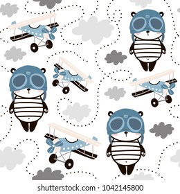 Seamless Pattern With Cute Panda In Pilot Cap And Retro Air Planes. Creative Childish Texture For Fabric, Wrapping, Textile, Wallpaper, Apparel. Vector Illustration