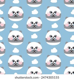 Seamless pattern of cute panda teddy bear crying and sad feeling with clouds on background.Chinese wild animal character cartoon design.Image for card,sticker,baby clothing.Kawaii.Illustration.