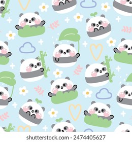 Seamless pattern of cute panda teddy bear  in nature concept background.Flower,heart,leaf,clouds hand drawn.Wild animal character cartoon design.Kawaii.Vector.Illustration.