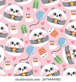 Seamless pattern of cute panda teddy bear drink bubble milk tea background.Ice cream,balloon,popcorn,heart,coffee hand drawn.Chinese wild animal character cartoon design.Kawaii.Vector.Illustration.