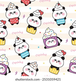 Nahtloses Muster von niedlichen Panda Teddybär tragen Cupcake Maskottchen Hintergrund.Bäckerei und süß handgezeichnet.Chinesische wilde Tierfigur Cartoon-Design.Bild für Karte, Aufkleber, Babykleidung.Kawaii.Vektor