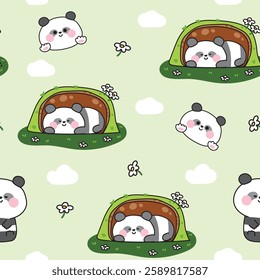 Seamless pattern of cute panda teddy bear sleeping and stay in cave background.Flower and nature.Jungle.Wild chinese animal character cartoon design.Kawaii.Vector.Illustration.