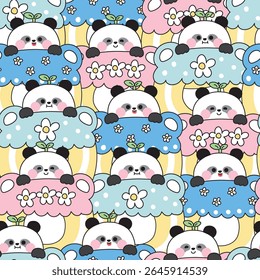 Seamless pattern of cute panda teddy bear have leaf on head stay on flower donut background.Rainbow.Sweet and dessert.Bakery.Chinese wild animal character cartoon design.Kawaii.Vector.Illustration.