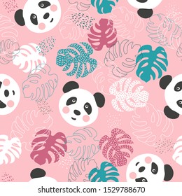 Seamless pattern cute Panda and tropical leaves, vector illustration