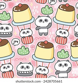 Seamless pattern of cute Panda in various character cartoon background.Teddy bear stay on pudding balloon.Macaron,grass.rain hand rawn.Wild animal.Kawaii.Vector.Illustration.