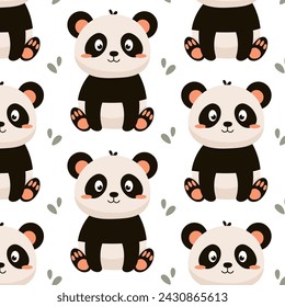 Seamless pattern with cute panda. Vector illustration of a panda in flat style. Kids pattern. Background with panda.