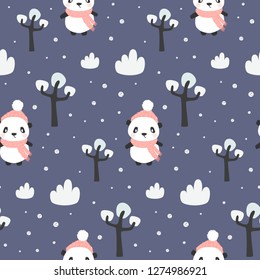 Seamless pattern with cute panda and winter forest, print for kids. Vector illustration.	