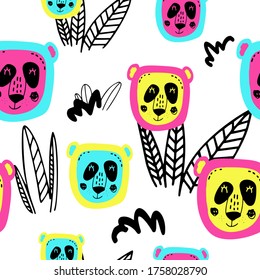 Patrón sin problemas con panda lindo.Ilustración vectorial dibujada a mano.Diseño infantil para papel tapiz;paquete;afiche,decoración de habitación,tarjeta,textil y etc.