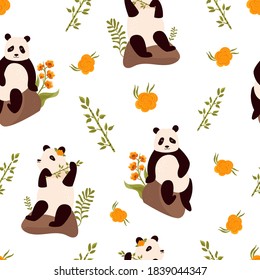 Seamless pattern with cute pandas, bamboo and floral ornament. Vector illustration for wallpapers, decorations, gift box, textiles