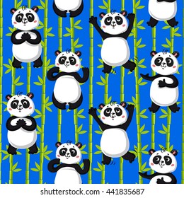 Seamless pattern . cute pandas and bamboo. Vector illustration