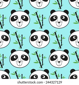 Seamless pattern with cute pandas in cartoon style. vector