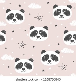 Seamless pattern with cute pandas, clouds, stars. Background for Children's clothing.