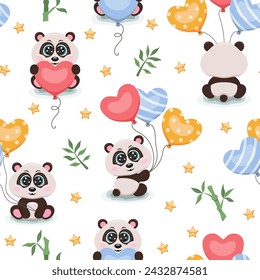 Seamless pattern with cute pandas and colourful balloons. Vector illustration.
