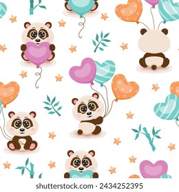 Seamless pattern with cute pandas and colourful balloons. Vector illustration.