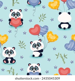 Seamless pattern with cute pandas and colourful balloons. Vector illustration.