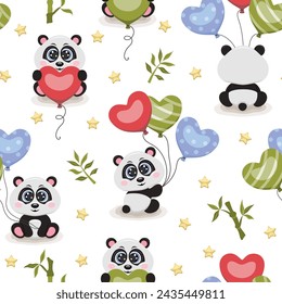 Seamless pattern with cute pandas and colourful balloons. Vector illustration.