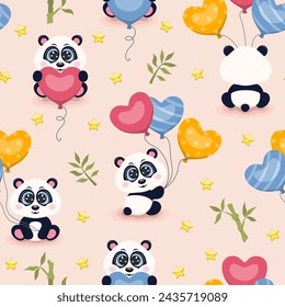 Seamless pattern with cute pandas and colourful balloons. Vector illustration.