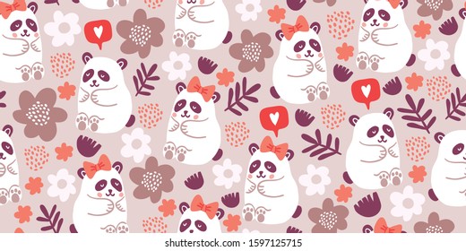 Seamless pattern with cute pandas couples in love with flowers, speech bubble with love emoji, polka dots in pastel colors. Valentines day kids pattern with cute animals. Children pattern.