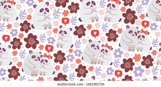 Seamless pattern with cute pandas couples in love with flowers, speech bubble with love emoji, polka dots in pastel colors on white. Valentines day kids pattern with cute animals. Children pattern.