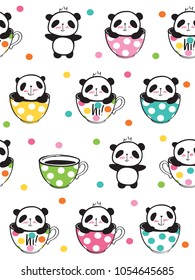 Seamless pattern with cute pandas in a cups for kids textile, wallpapers, gift wrap. White background. Vector illustration.