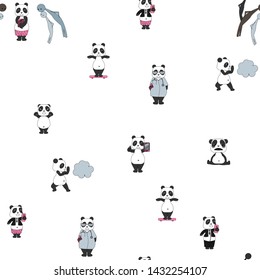 
Seamless pattern with cute pandas doing daily activities.