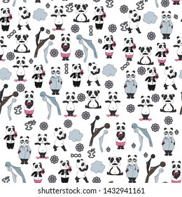 Seamless pattern with cute pandas doing daily activities.