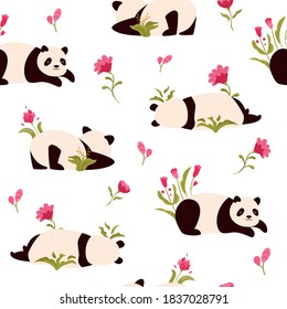 Seamless pattern with cute pandas and floral ornament. Vector illustration for wallpapers, decorations, gift box, textiles