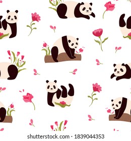 Patrón inmaculado con bonitos pandas y adornos florales. Ilustración vectorial para papeles pintados, decoraciones, caja de regalo, textiles