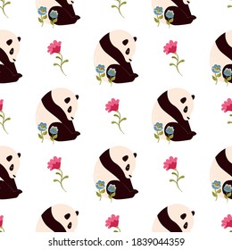 Seamless pattern with cute pandas and floral ornament. Vector illustration for wallpapers, decorations, gift box, textiles