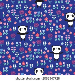 Patrón sin inconvenientes con pandas y flores adorables para envoltura de regalo, niños textiles o cubiertas de libros, papeles pintados y recortes. Vector.