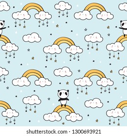 Seamless pattern with cute pandas, gold rainbows, funny clouds and stars for children's textiles, wallpapers, gift wraps and scrapbook. Vector.