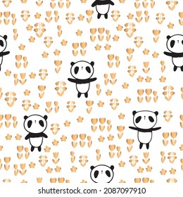 Seamless pattern with cute pandas and golden flowers for gift wrap, kids textile or book covers, wallpapers and scrapbook. Vector.