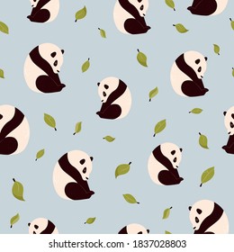 Seamless pattern with cute pandas and green leaves. Vector illustration for wallpapers, decorations, gift box, textiles