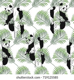 Seamless Pattern with cute pandas and green tropical leaves.