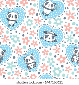 Seamless pattern with cute pandas, hearts and flowers.