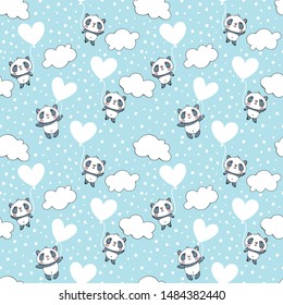 Seamless pattern with cute pandas and hearts on a blue background.