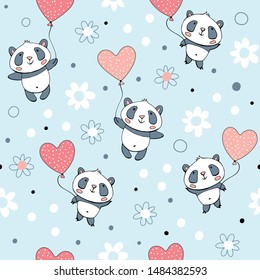 Seamless pattern with cute pandas and hearts on a blue background.