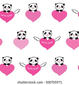 Seamless pattern with cute pandas and hearts. Wrapping paper for Valentine's Day, Mother's Day, birthday, wedding. Hand drawn pandas for your design. Doodles, sketch. Vector.