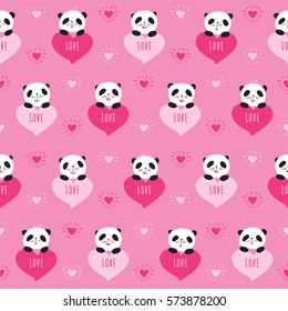 Seamless pattern with cute pandas and hearts. Wrapping paper for Valentine's Day, Mother's Day, birthday, wedding. Doodles, sketch. Vector.