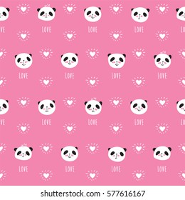 Seamless pattern with cute pandas and hearts. Wrapping paper for Valentine's Day, Mother's Day, birthday, wedding. Doodles, sketch. Vector