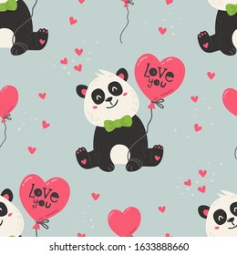 Seamless pattern with cute pandas. Love design for birthday invitation, poster, clothing, nursery wall art and Valentine's day card.