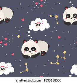 Seamless pattern with cute pandas. Love design for birthday invitation, clothing, nursery wall art and Valentine's day card.