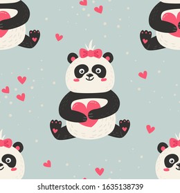 Seamless pattern with cute pandas. Love design for birthday invitation, clothing, nursery wall art and Valentine's day card.