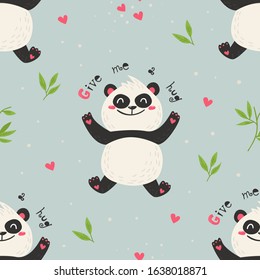 Seamless pattern with cute pandas. Love design for birthday invitation, clothing, nursery wall art and Valentine's day card.